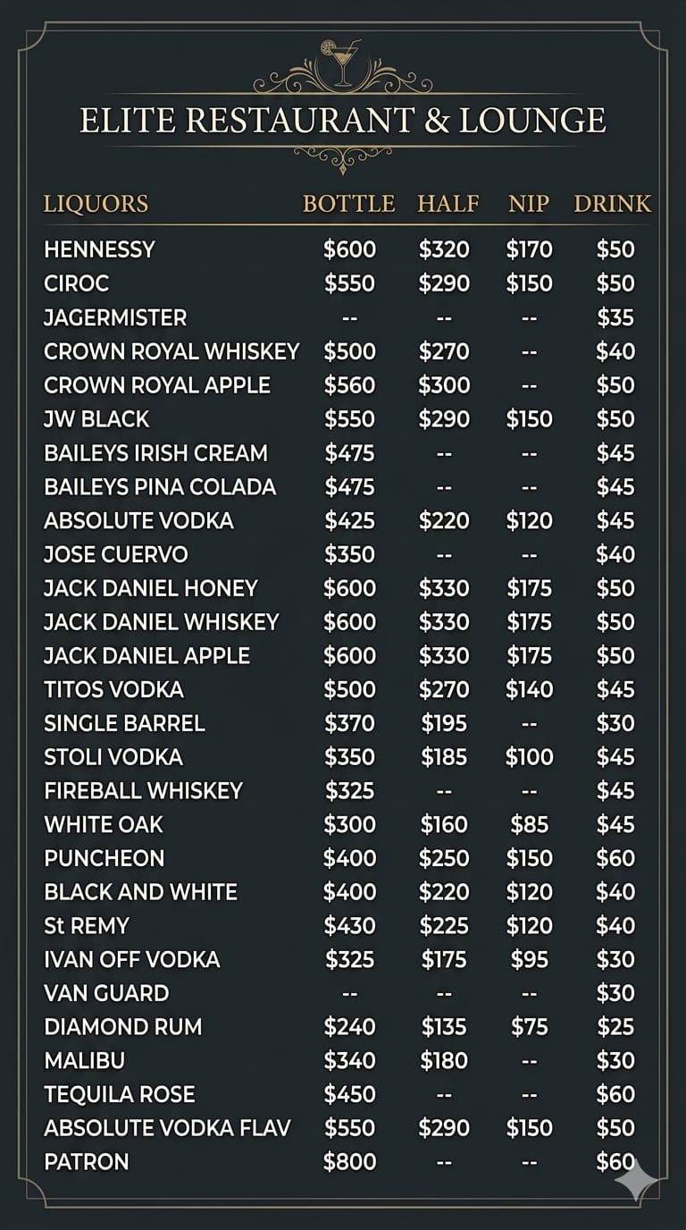Elite liquors menu board